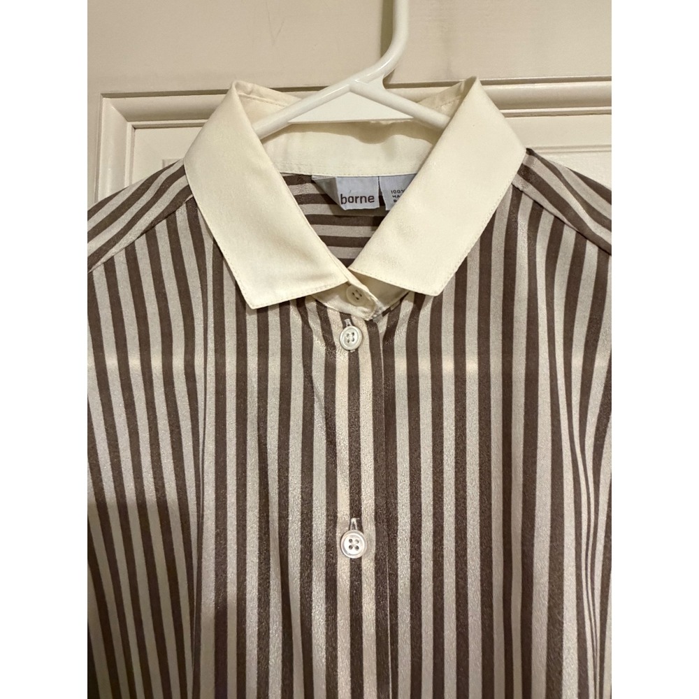 Vintage Liz Claiborne Striped Blouse Brown Cream Puff Shoulder Button Down Sz 6 - Picture 2 of 6
